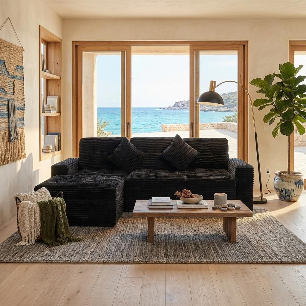 Eafurn 105" L-Shaped Boneless Modular Sectional Sofa with Movable Ottoman, Comfy Corduroy Floor Couch with Deep Seat and Tufted Seat, Flexible Module Combination for Living Room, No Assembly | Deep Seat, Wider Armrest, Free Combination, Tufted