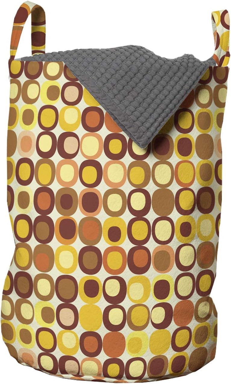 Ambesonne Mid Century Laundry Bag, Retro-Themed Styled Round Edged Square Pattern in Old Earth Tones, Hamper Basket with Handles Drawstring Closure for Laundromats, 13" x 19", Brown Yellow Coral
