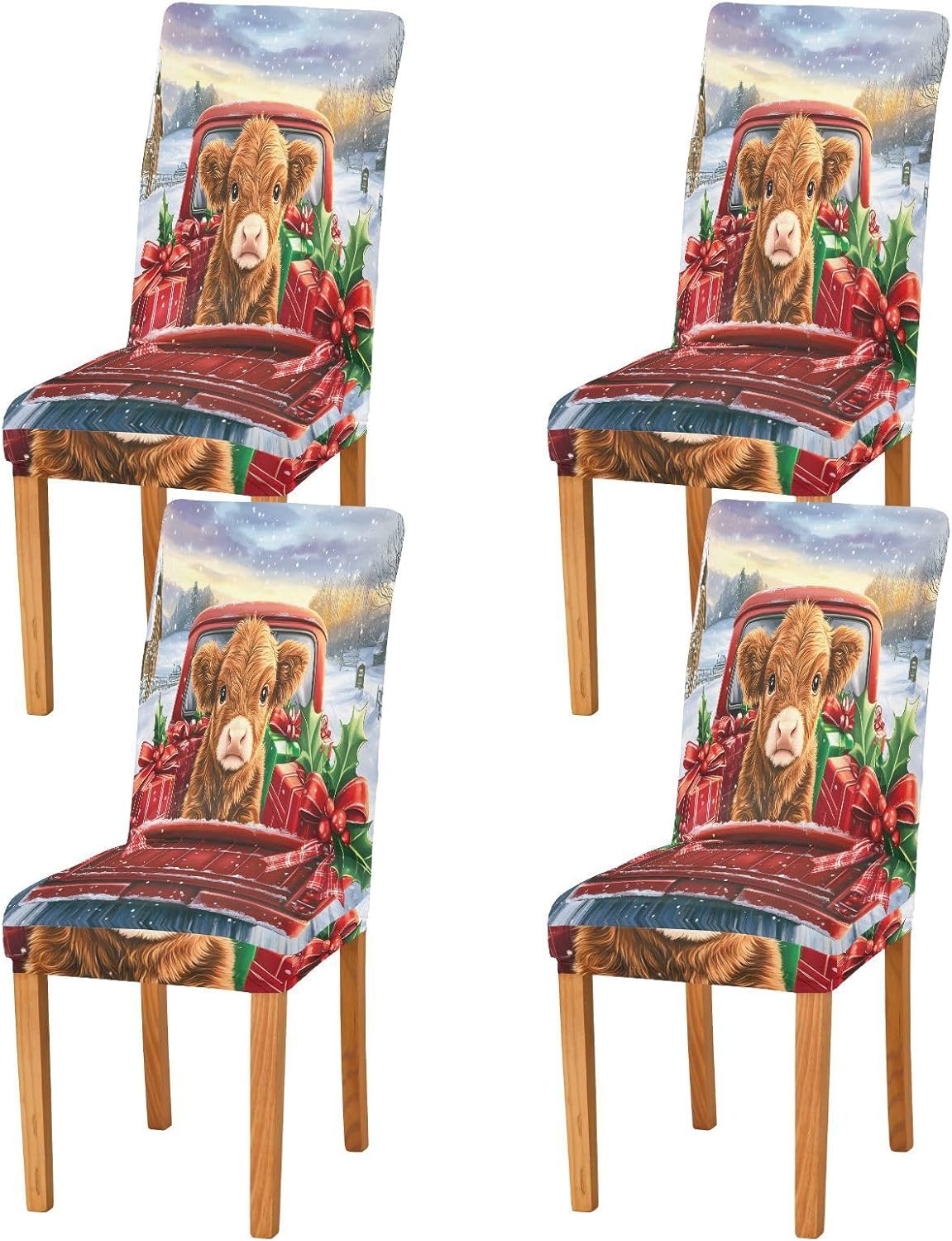 ALAZA Chair Covers for Dining Room, Truck Highland Cattle Stretch Chair Cover Sets Chair Protector Removable Washable for Ktichen Restaurant Hotel