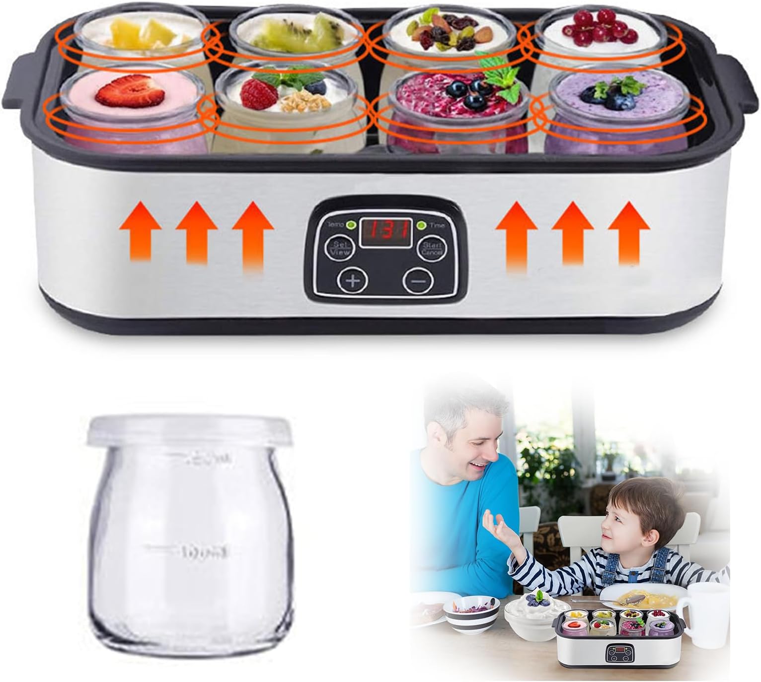 Yoghurt Maker Machine 2000ml - Electric Yogurt Maker with 8 Glass Jars, Adjustable Temperature & 48h Timer | for Dairy & Non-Dairy Probiotic Yogurt Making