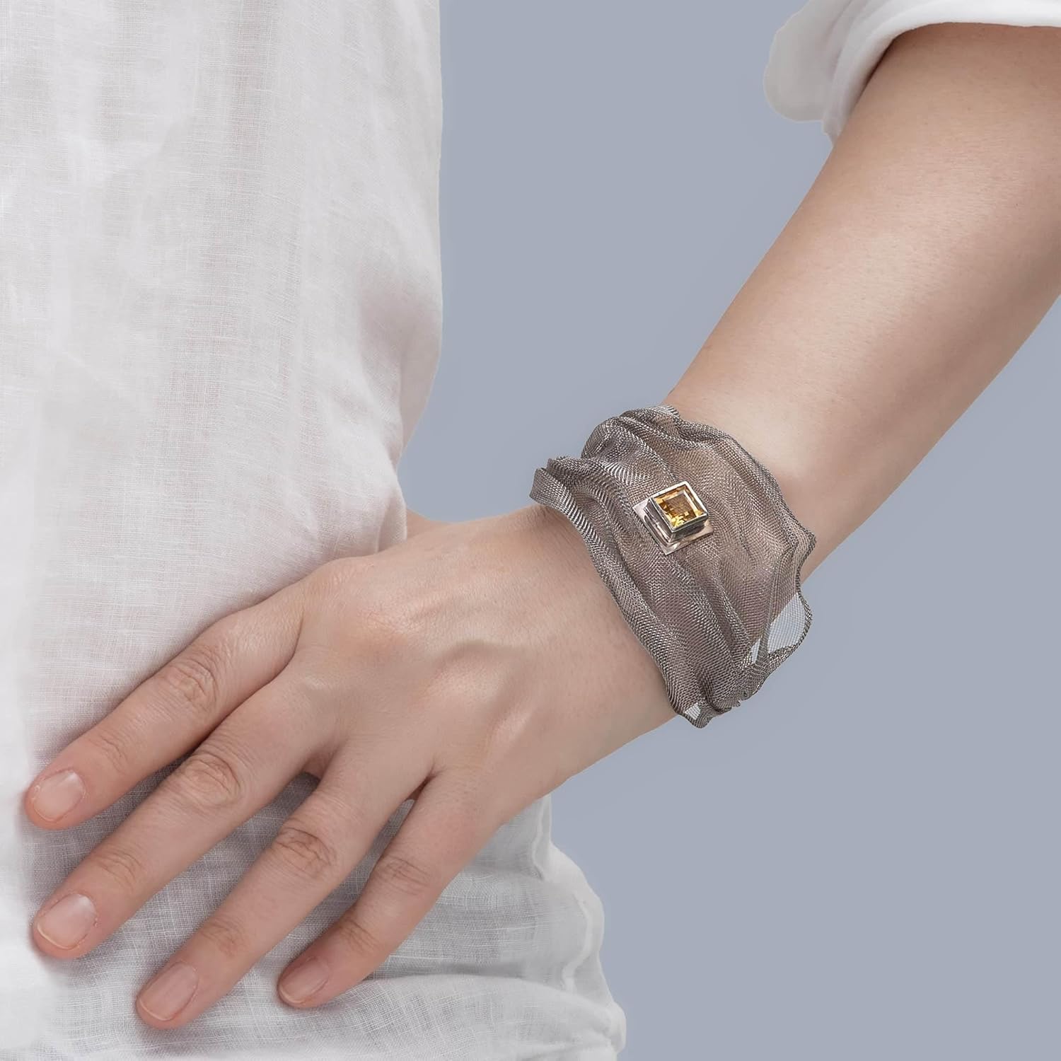 GERMAN KABIRSKI Limited Edition Silver & Titanium Mesh Bracelet with Gemstone - Wearable Art Jewelry