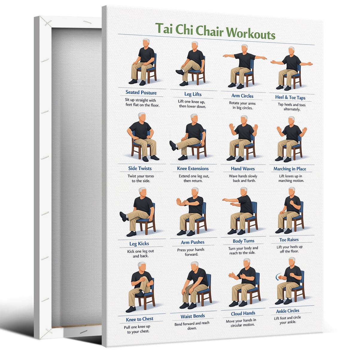 Anslipswar Tai Chi Chair Workout Chart Poster, Seated Exercises for Beginners and Seniors Canvas Wall Art, Adult Home Fitness Guide Wall Decor, Daily Slow Flow Exercise for Gym 16x24in Wrapped Canvas