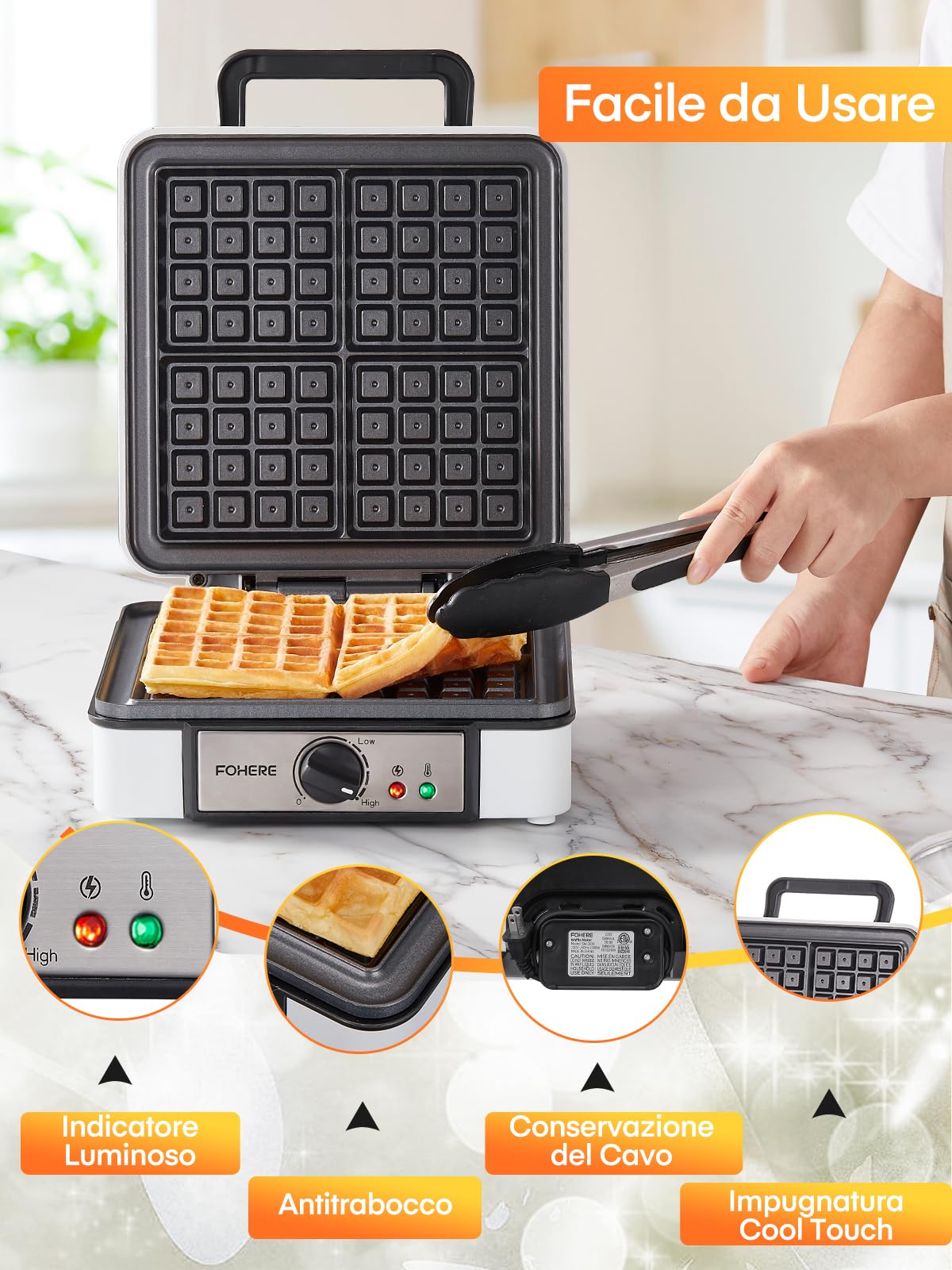 FOHERE Piastra per Waffle Belga, Macchina per Waffle Quadrato, Antiaderente a 4 Fette, Rivestimento Antiaderente, 5 Pulsanti di Doratura Indicatori Luminosi, 1200W Waffle Maker