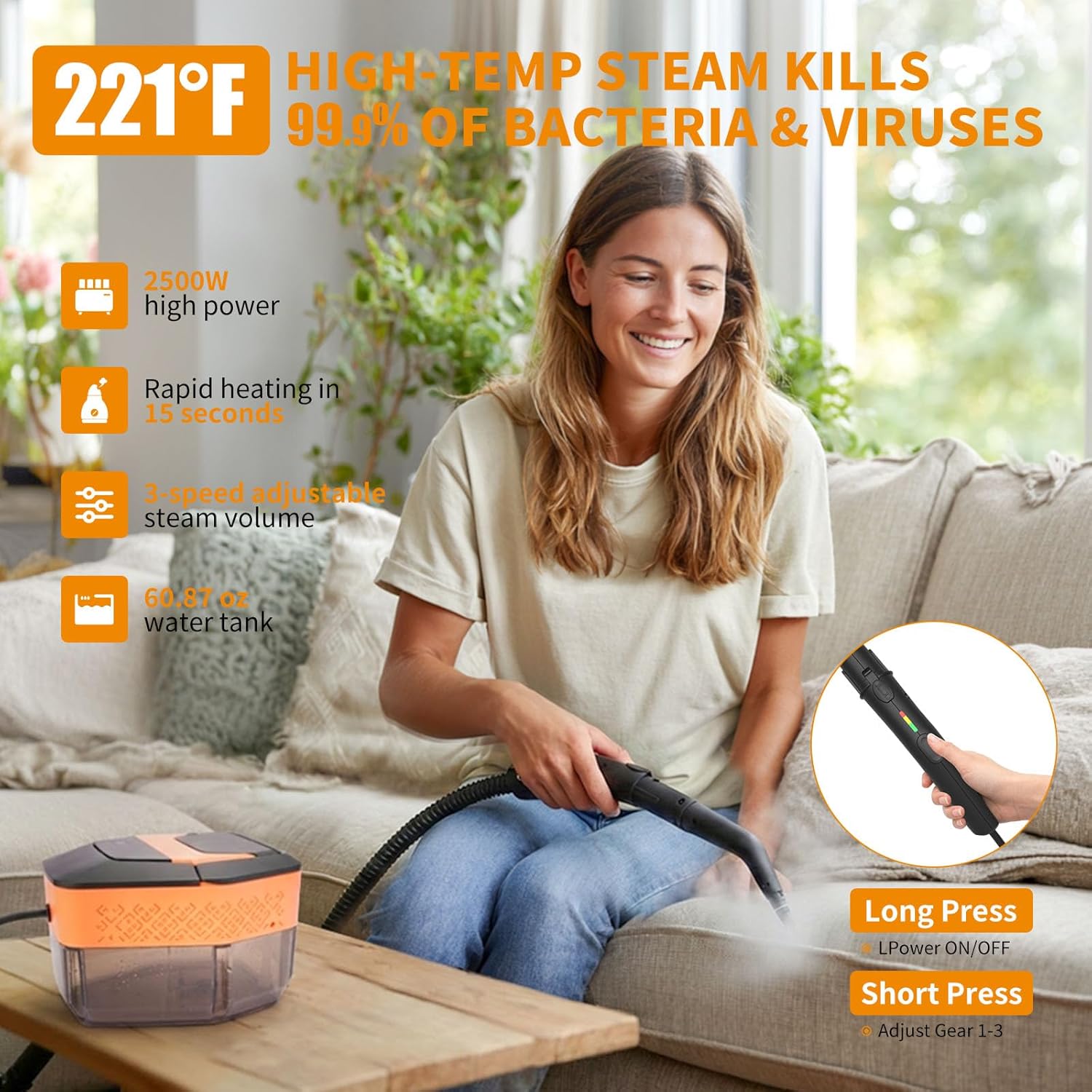 Steam Cleaner,3-Level Adjustable Handle,60.87oz Tank 15s Heat-Up,2500w Portable Steamer for Cleaning,Handheld Steam Cleaner for Home for Dirt,Grease,Bed Bugs,Grout,Tile,Floor,Car - Image 2