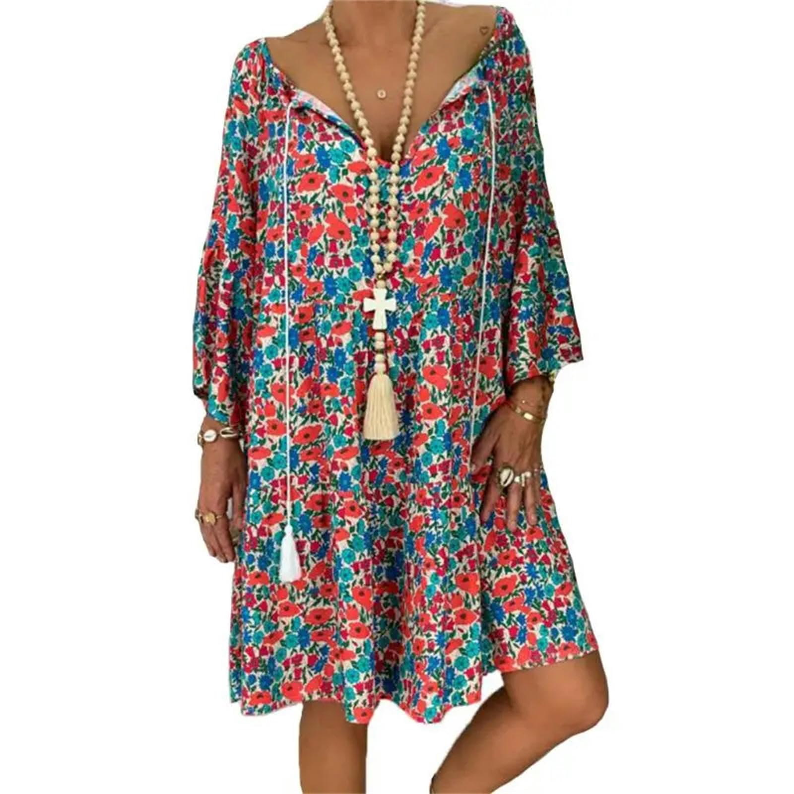 Vestido para Mujer Summer Women Boho Estampado Floral Manga Larga Vestina V Vestido Casual De Vestidos Sueltos Casuales.