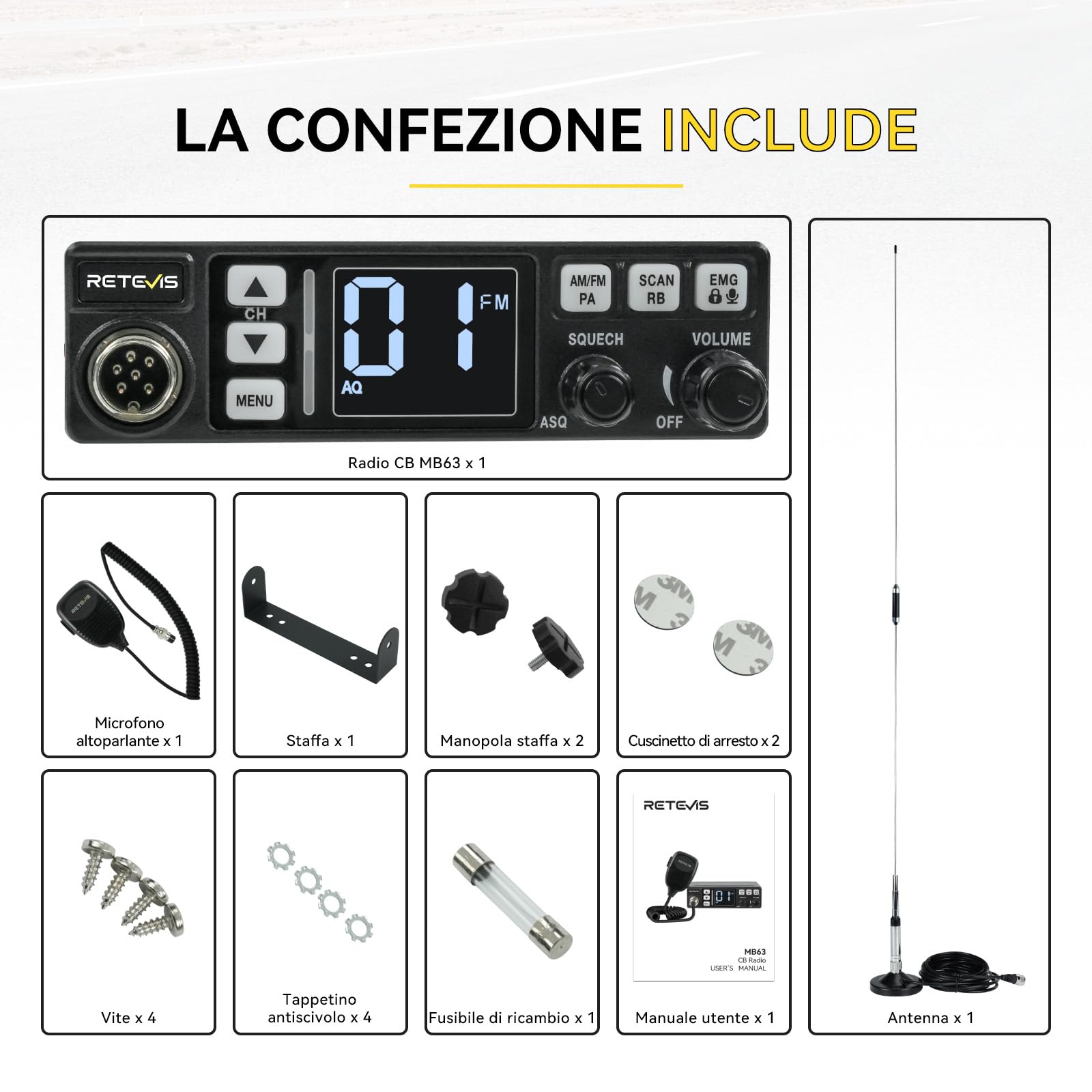 Retevis MB63 Radio CB Kit Completo con Antenna, Display LCD, AM/FM, ANL, Funzione PA, VOX, SQ/ASQ, EMG CH9/19, CB Radio Mobile per Auto (1 Pz, Nero)