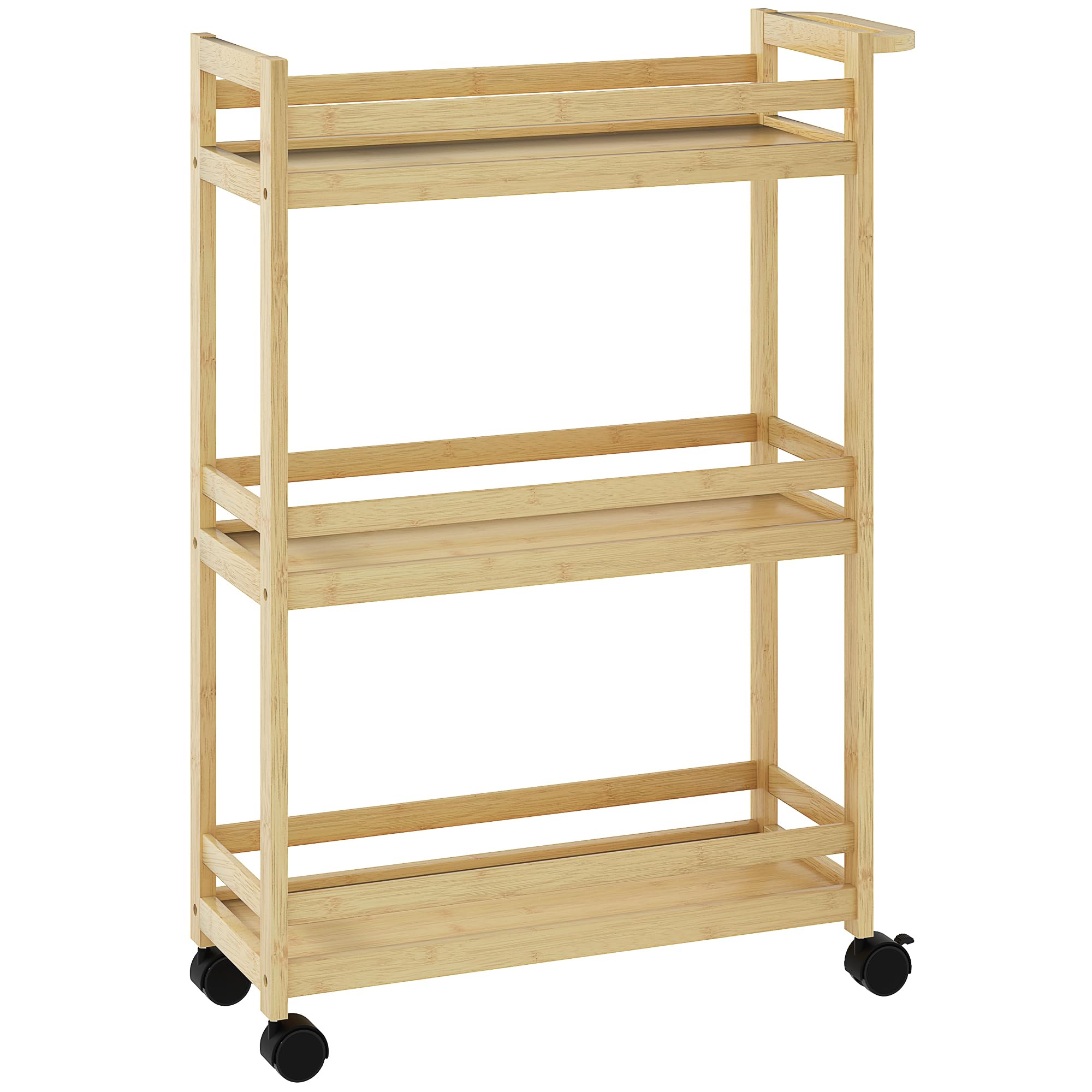 HOMCOM Étagère de Rangement de Salle de Bain en Bambou à 3 Niveaux, Chariot de Rangement, Meuble Salle de Bain avec roulettes pour Cuisine, Salle de Bain, Salon, dim. 55 x 20 x 75 cm - Naturel