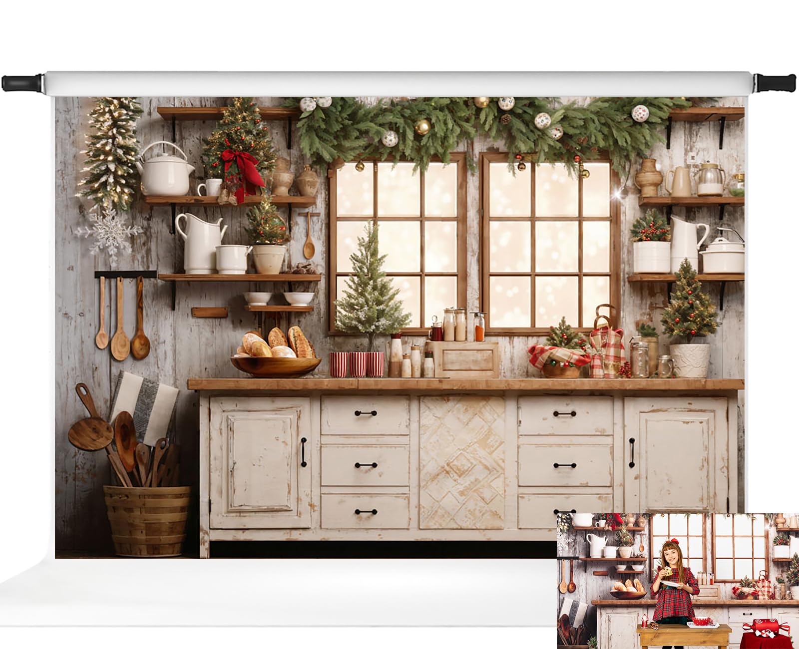 Toile de fond vintage Kate de cuisine de Noël pour studio photo élégant et grand format