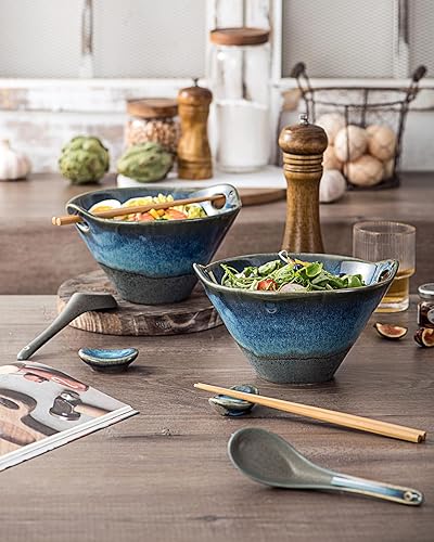 Miniatura 3 de UNICASA Juego de 2 cuencos japoneses para ramen con palillos, cucharas y reposos, cuencos de fideos de porcelana profunda de 26 onzas para Udon,