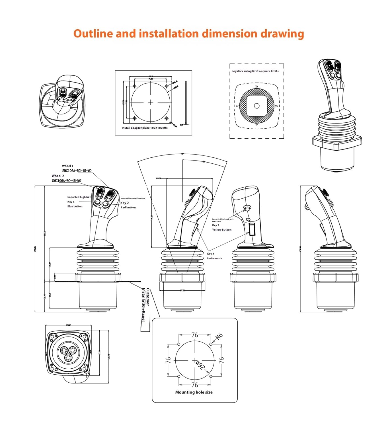 Agricultural Machinery Engineering Machinery Vehicle Multi-axis Operation Vehicle Handle, Hall Type Joystick Harvester Modified Machine Handle(Output 0-5V power supply 12-24V)