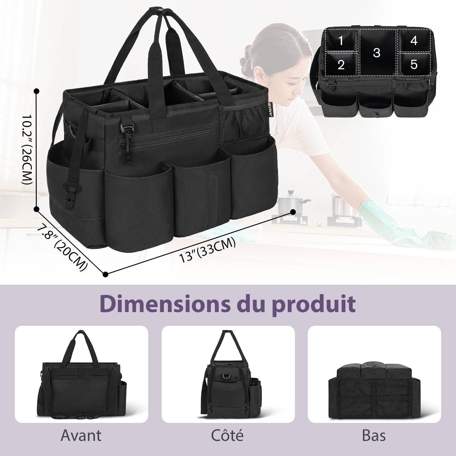 OUUTMEE Sac de Nettoyage avec Séparateurs Amovibles, Organisateur de Nettoyage Portable avec Poignées et Bandoulière Réglable, Sac Fourre-tout de Nettoyage pour Maison, Femmes de Ménage, Noir (Grande) | Organiseur portable pour produits de nettoyage, band