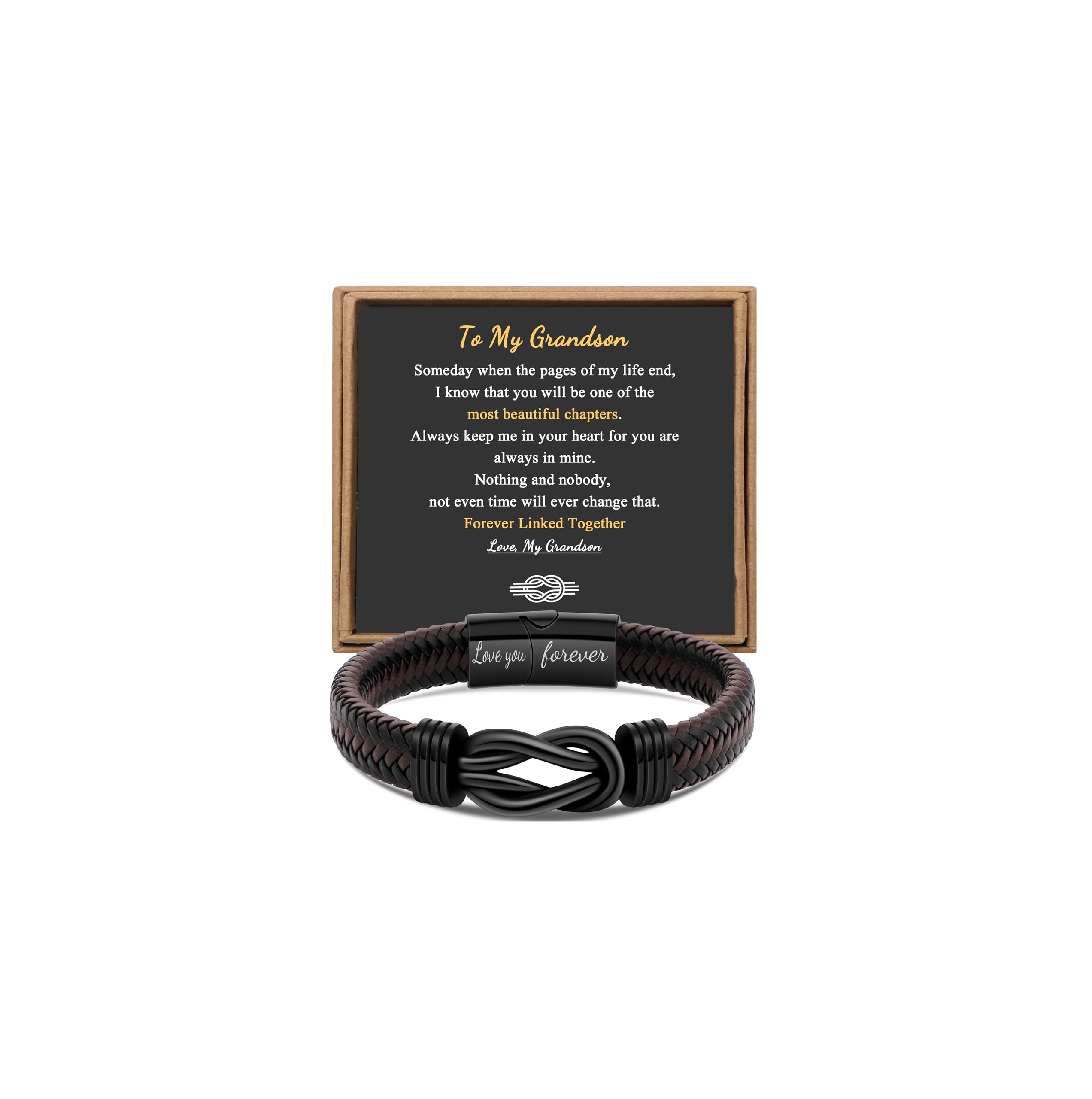 Gift for Men Infinity Bracelet for Men Dad Husband Boyfriend Son Grandson Brother Nephew Uncle Brown Braided Leather Forever Linked Together Stainless Steel Engraved with Love You Forever Jewelry 7.5|8.5|9 Inches