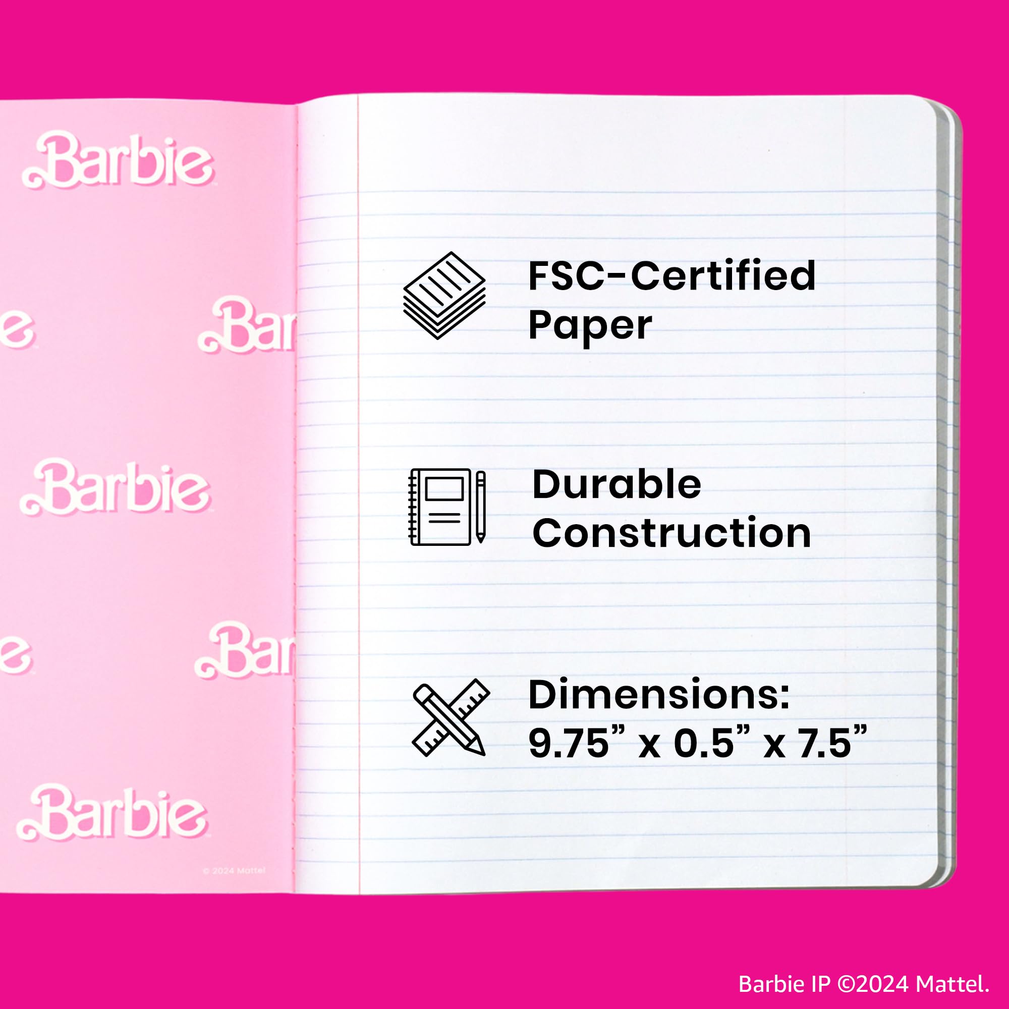 Yoobi Barbie College-Notizbücher, liniert, 3 Stück, 100 Blatt | 3-fach gelochte Blätter, perforierte Seiten, 100-150 Blatt, Multipack (3er-Pack oder 6er-Pack), lustige Drucke & Designs