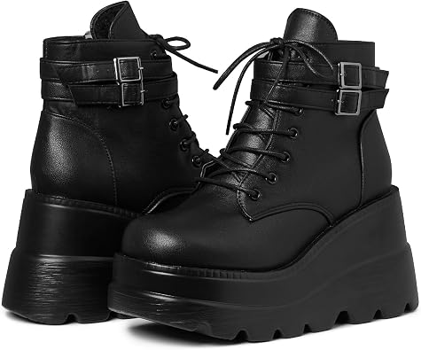 AMINUGAL Platform Ankle Boots for Women Zipper Closure High Heel Goth Round Toe Booties Lace Up Rave Boot Outdoor Dress Shoes with Chain for Date Vacation School Wear