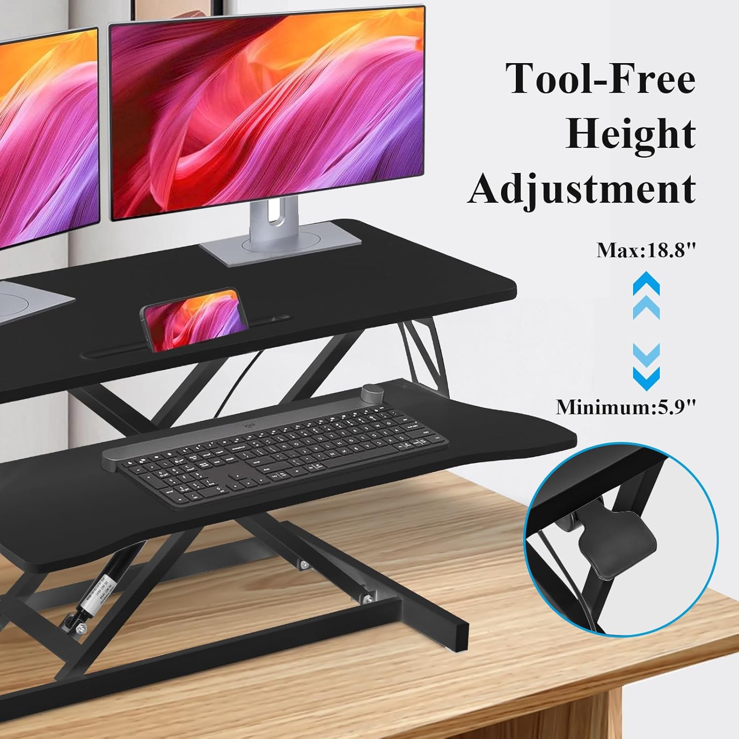 38-Inch Height Adjustable Standing Desk Converter, Duals Monitor & Laptop Riser with Wide Keyboard Tray, Sit to Stand Ergonomic Workstation for Home Office, School, Business, Black