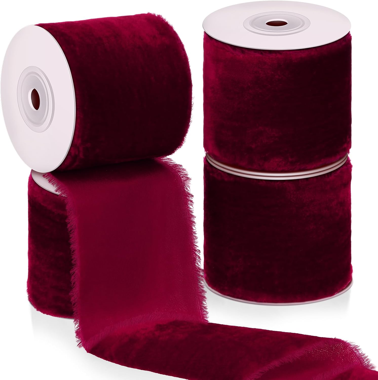 Preboun 4 Rolls Christmas Velvet Ribbon for Gift Wrapping 24 Yards Total Frayed Edge Velvet Silk Ribbon for Christmas Wedding Baby Shower DIY Crafts Decor(Burgundy,3 Inch)