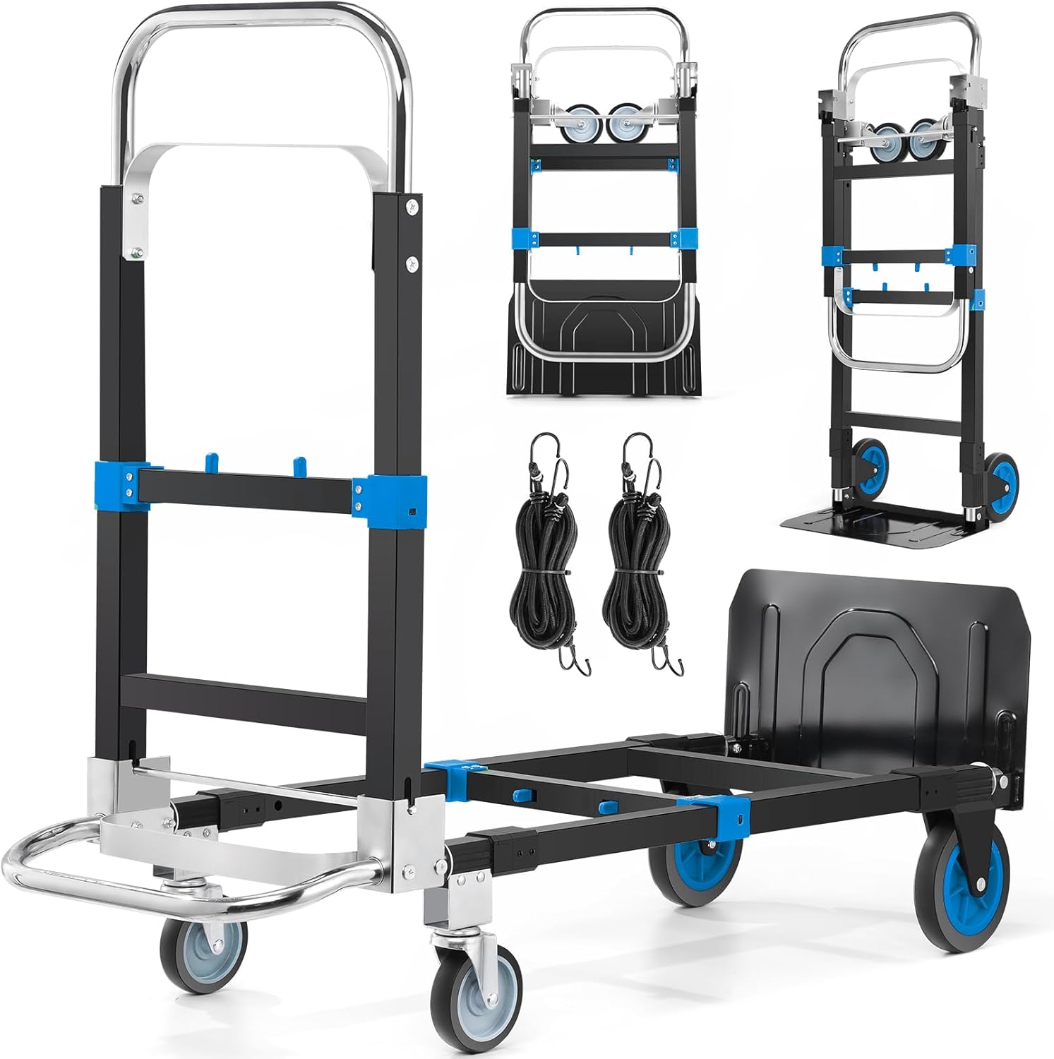 3-in-1 Convertible Heavy Duty Folding Hand Truck Dolly, 600LB Capacity with Rubber& Wheels Telescoping Handles, Portable Collapsible Cart for Warehouse, Supermarket, Office (Black)