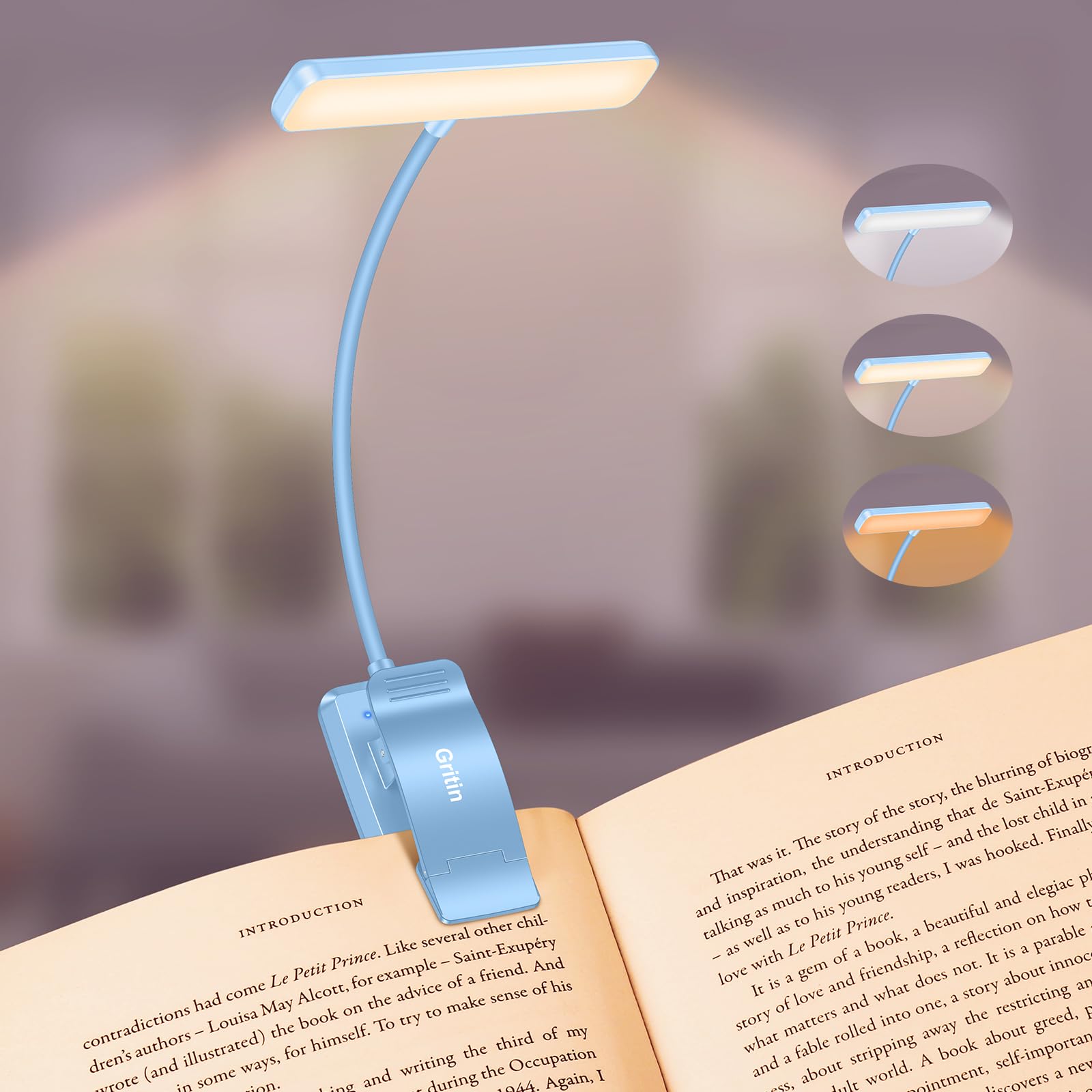 Gritin Leselampe Buch Klemme, USB Wiederaufladbare Buchlampe mit 19 LEDs, 3 Farb, Lange Laufzeit, Stufenlose Helligkeit Klemmlampe, 360°Flexibel Klemmleuchte für Nachtlesen ins Bett-Fernes Spitzenblau