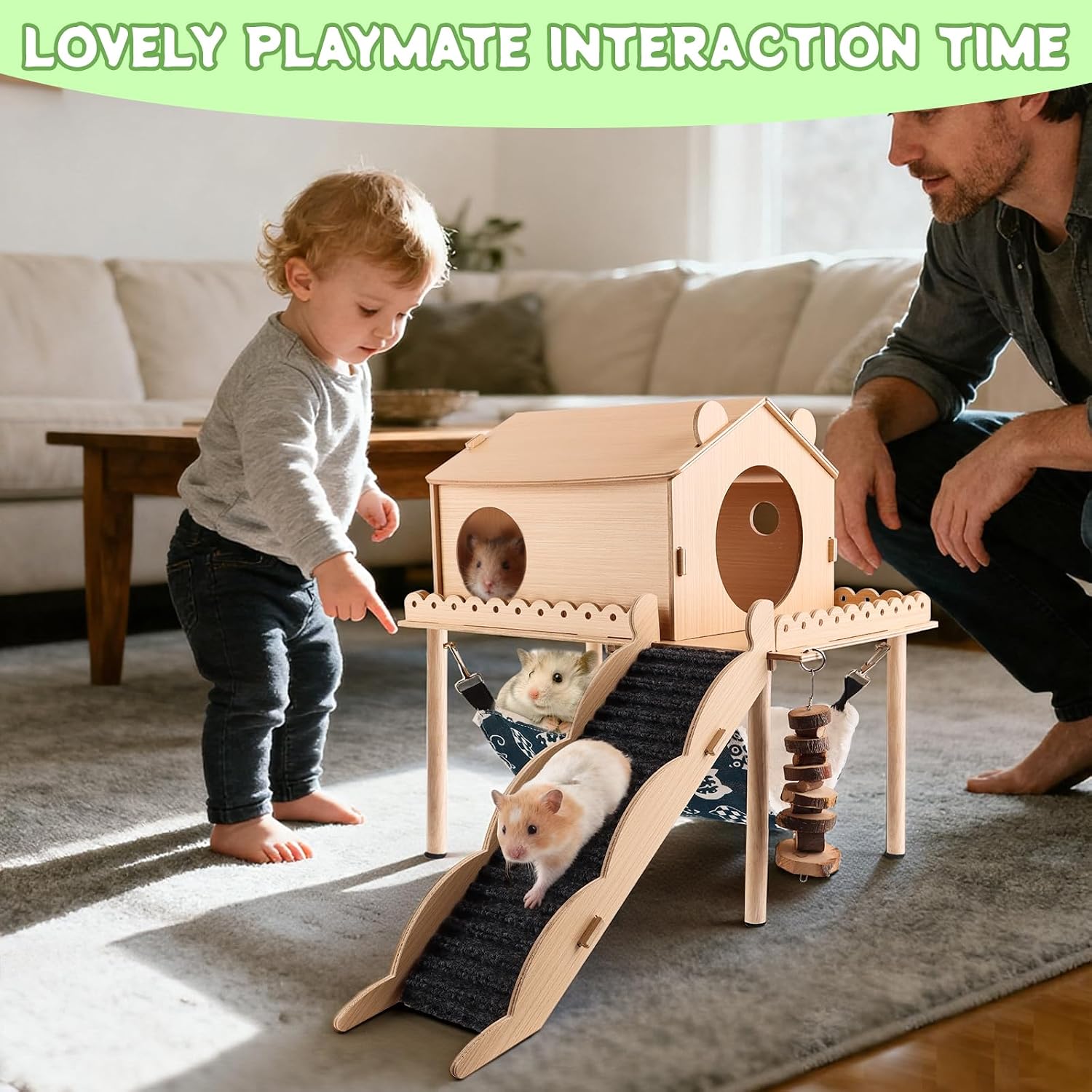 Kalolary Detachable Double-Decker Guinea Pig Hideout, Large Wooden Guinea Pig Castle with Stair, Hammock, Mat for Small Animals Hamster Chinchilla Bunny Ferret Rabbit Hiding Playing Sleeping