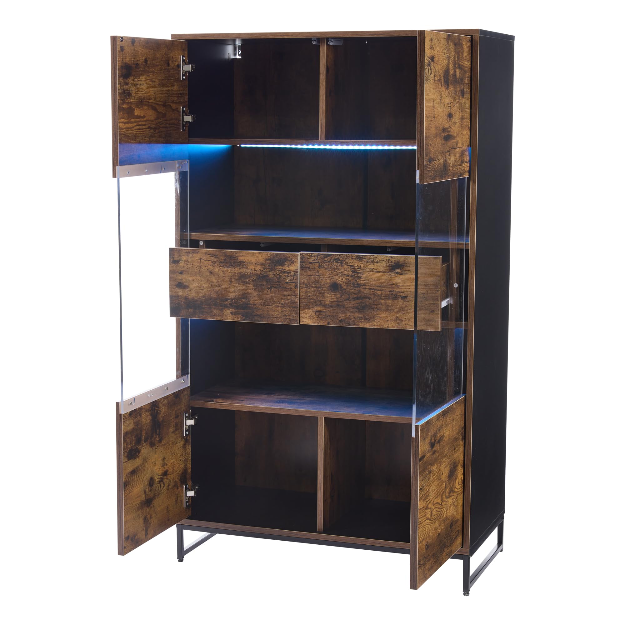 Merax Vetrina trasparente con illuminazione LED, libreria 2 ante 2 cassetti, vetrina da collezione, vetrina per vino, soggiorno, sala da pranzo, ufficio, vintage, marrone