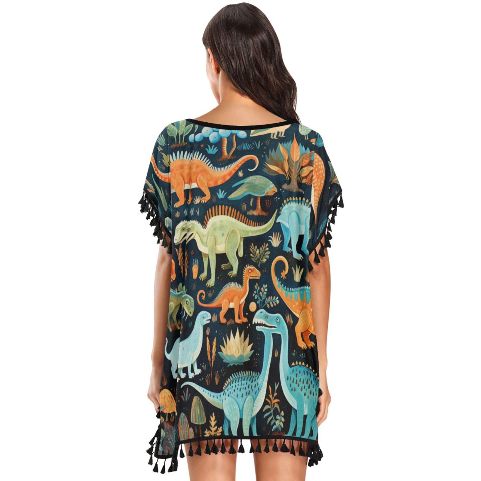 Brown Dinosaurs Animals Women's Beach Cover Up Chiffon Tassel Swimwear Swimsuit Coverups for Girl
