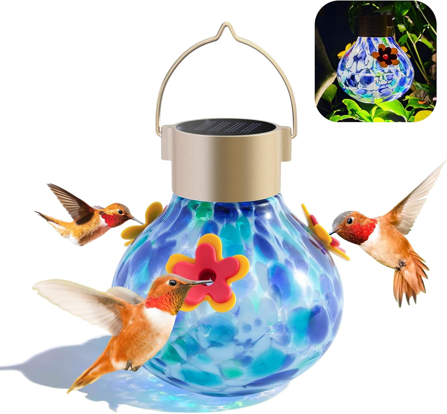 Hummingbird Feeder with Solar Light, Glass Hummingbird Feeder for Outdoors, Auto-Lighting Solar Light for Garden Decor, 3 Ports Attract More Birds, Waterproof Lamp, Ideal Gift, Blue