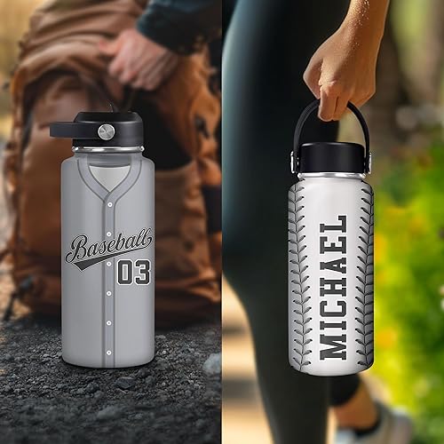 Vista 57 de Hyturtle Botella de agua de béisbol personalizada, botella de acero inoxidable aislada de viaje con tapa a prueba de fugas, 18 onzas, 32 onzas