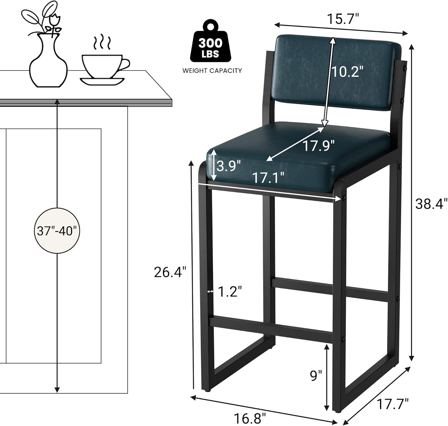 26IN Modern Bar Stools Set of 4, Faux Leather Counter Height Barstools with Back and Footrest, Sturdy Thickened Metal Leg, Kitchen Bar Chairs for Island, Dark Blue
