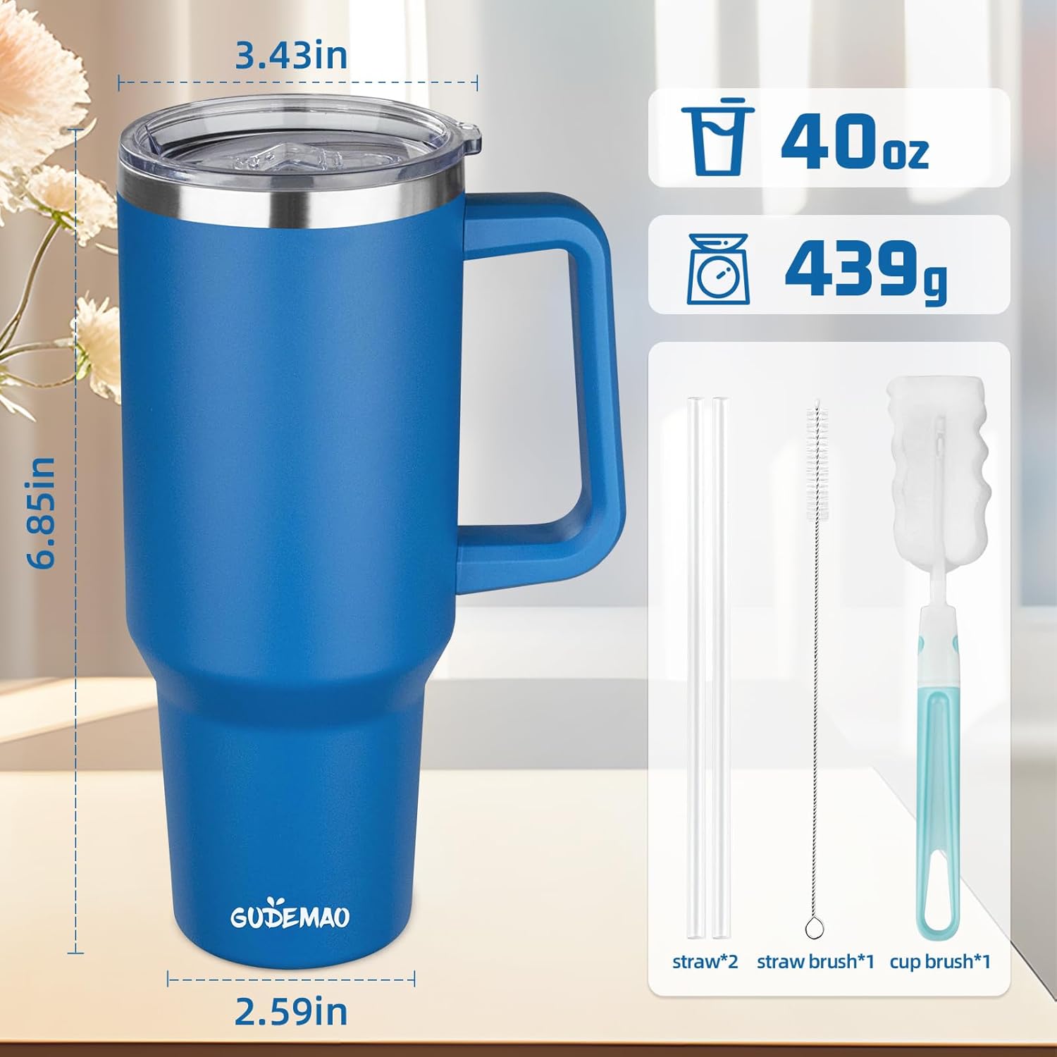 40 oz Insulated Coffee Mug with Ceramic Coating, Stainless Steel Travel Mug Tumbler with Handle Lid and Straw, Double Wall Leak-Proof Coffee Travel Mug Keeps Drink Hot and Cold (Blue) - Image 2