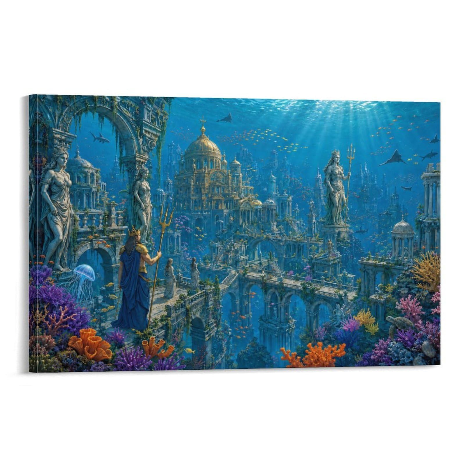 ASDFGHJKLZA Atlantis Underwater Kingdom Canvas Prints Aesthetic Poster Modern HD Wall Art Decor for Dining Room, Home, Living Room, Office Decorations, Gift 20x30inch(50x75cm)
