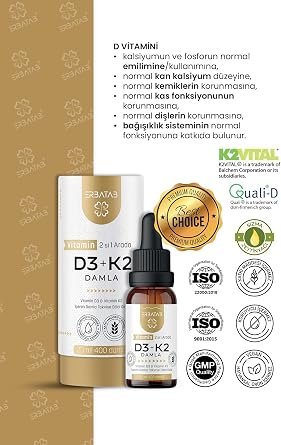 Erbatab D3 K2 Vitamini Damla - 1000 IU D3 ve 20 µg K2 (MK7), Zeytinyağlı Formül, 20 ml