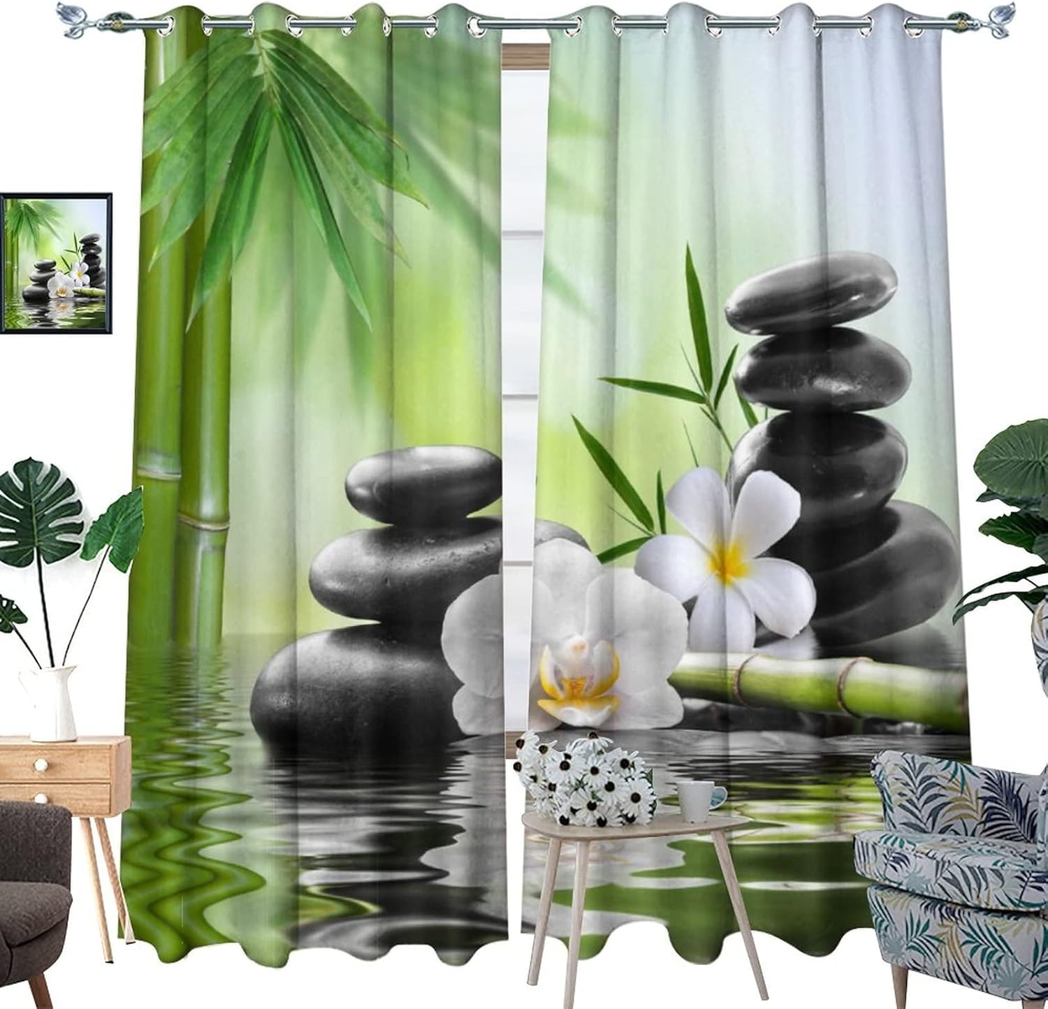 Zen Spring Garden Blackout Curtains - Japanese Style Spa Black Stone White Flower Green Bamboo Print Grommet Window Curtain Set Energy Saving Thermal Insulated Drapes,2 Panels 63L x 21W