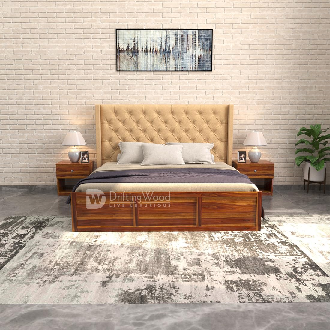 DRIFTINGWOOD Maya Solid Sheesham Wood King Size Bed with Storage | Wooden Double Bed Cot Bed with Box Storage & Beige Upholstered Cushioned Headboard for Bedroom | Honey Finish