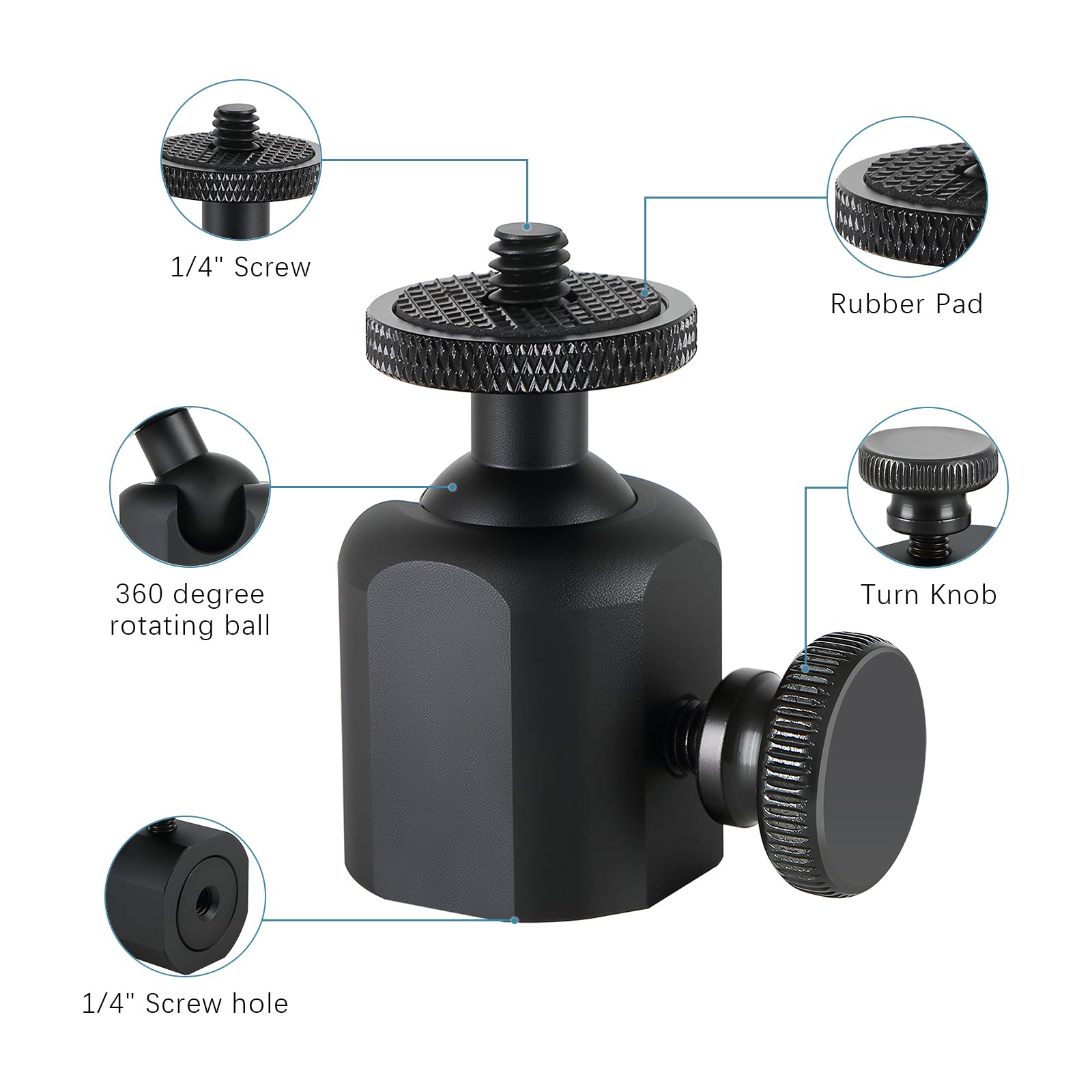 Testa a sfera Mini Ball Head con adattatore per flash da 1/4, girevole a 360°, con adattatore hot shoe per fotocamera e monitor LCD, microfono, luce LED, ecc. (nero x2)