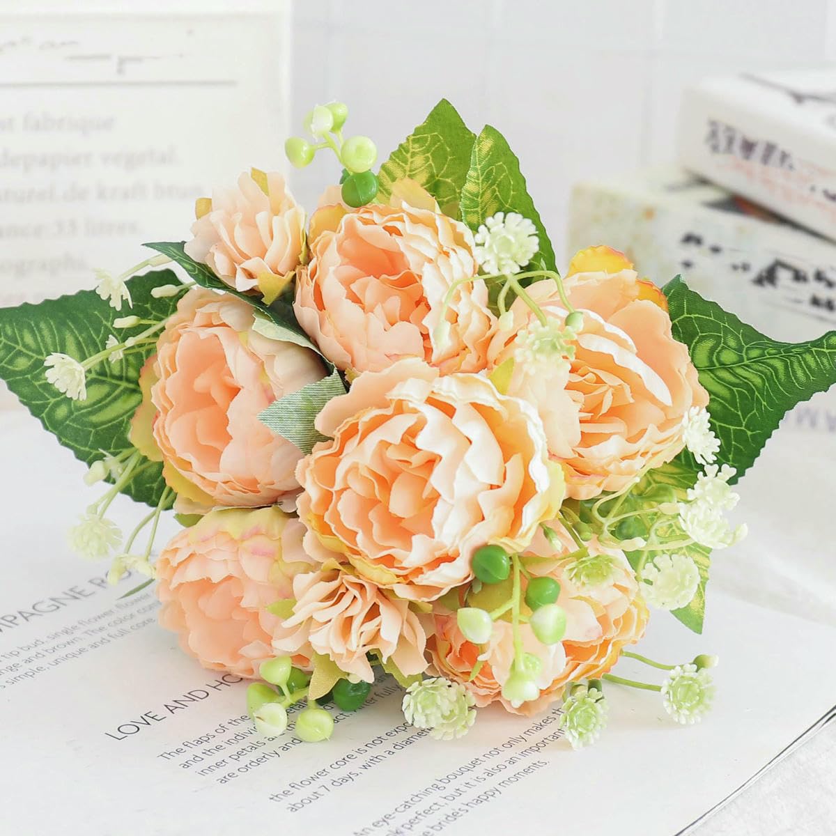 CVJdfhRE fake flowers， Artificial Flowers Silk Peony Hydrangea For Living Room Home Decoration Wedding Bride Bouquet Rose Fake Plants Table Accessories(Champagne)
