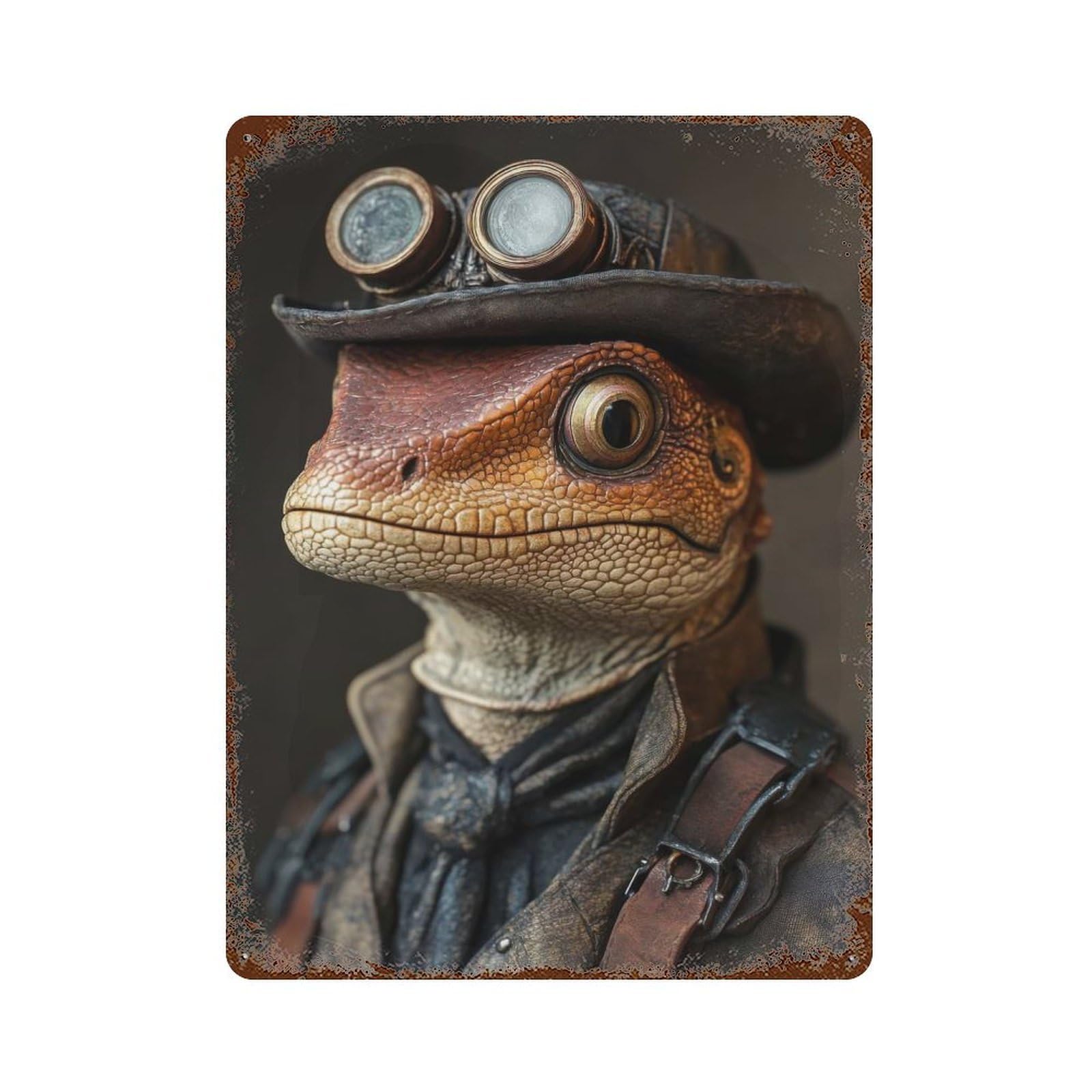 Garage Style Steampunk Lizard Portrait Aged Metal Wall Plaque 15.7"x11.8", Vintage Wall Decor for Bar And Workshop