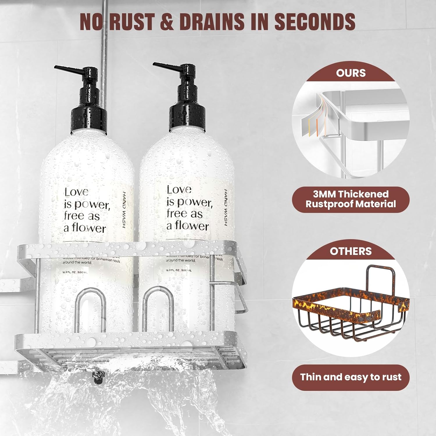 REINHARDT Adjustable Shower Caddy Hanging Rustproof Shower Caddy for Handheld Showerheads, Shower Organizer with Hooks Soap Holder, Anti-Swing Shower Rack Bathroom Accessories, Silver