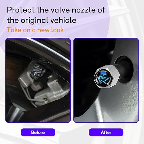 Miniatura 5 de ZKFAR 4 tapones para válvulas de neumáticos de automóvil, doble hoja con capucha hermética a prueba de polvo (plata y azul)