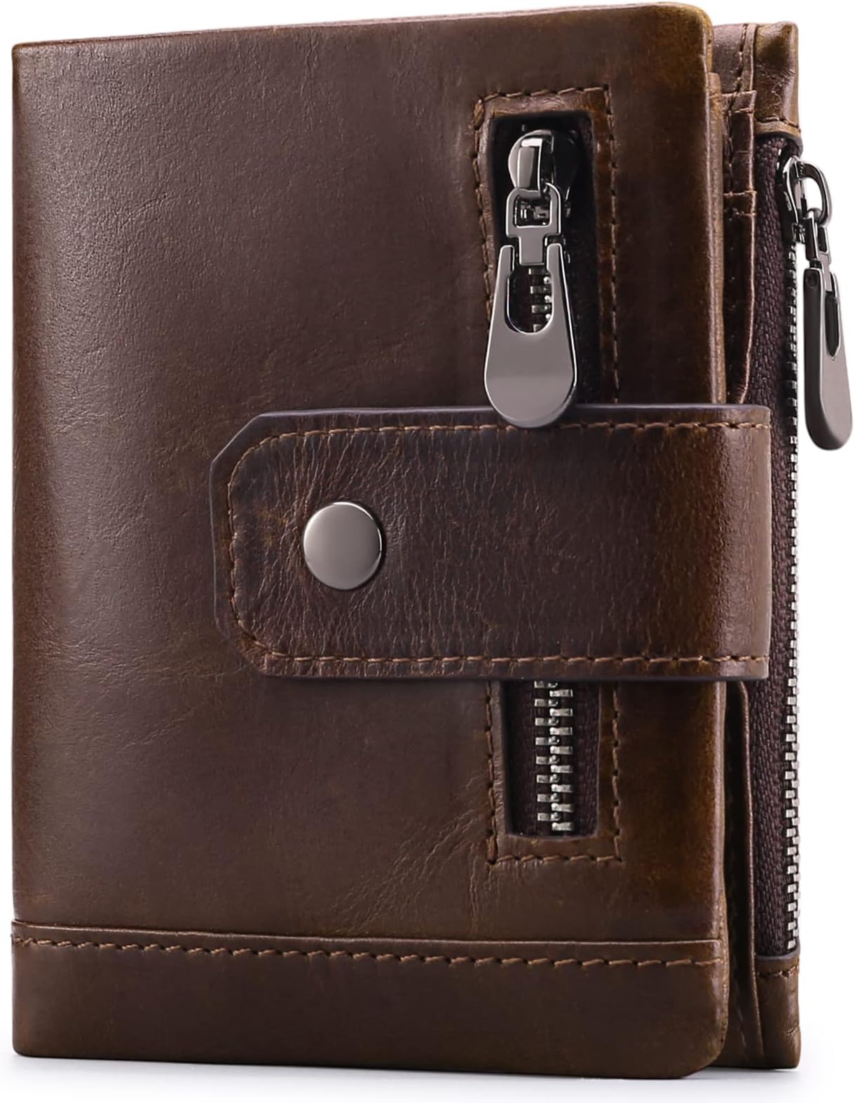 Mens Wallet RFID Blocking Genuine Leather Bifold Compact Wallets for Men with Zipper Coin Pocket