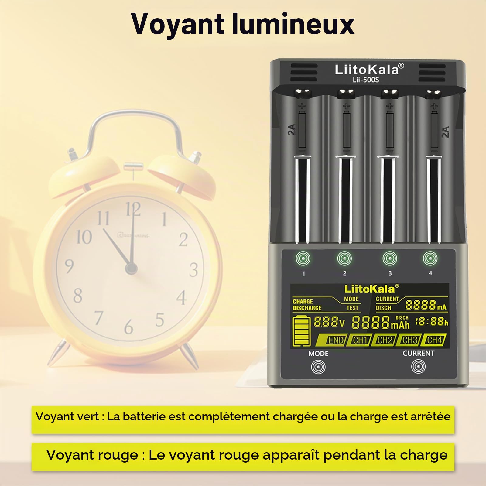 LiitoKala Lii-500S 18650 Chargeur de batterie rapide avec écran LCD Contrôle tactile Chargeur de batterie AA 4 emplacements avec adaptateur 12 V 3 A pour 10400 21700 Li-lion AA AAA Ni-MH Ni-CD