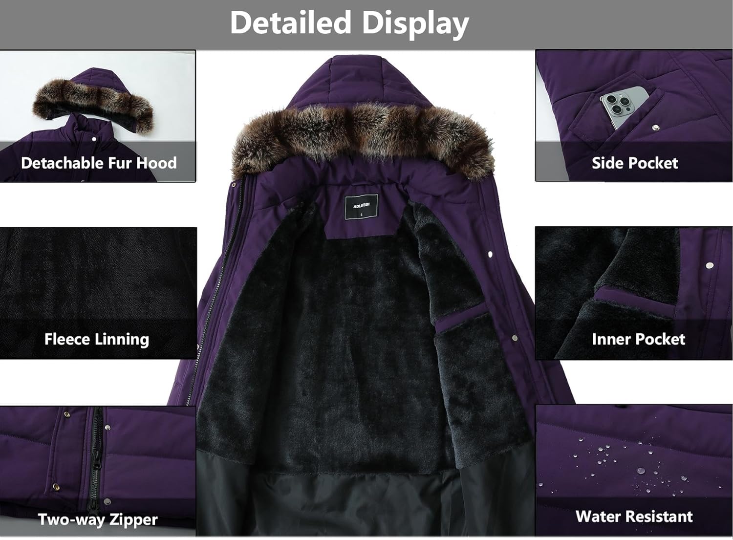 Women's Winter Coat Waterproof Long Insulated Parka with Detachable Hood - Image 4