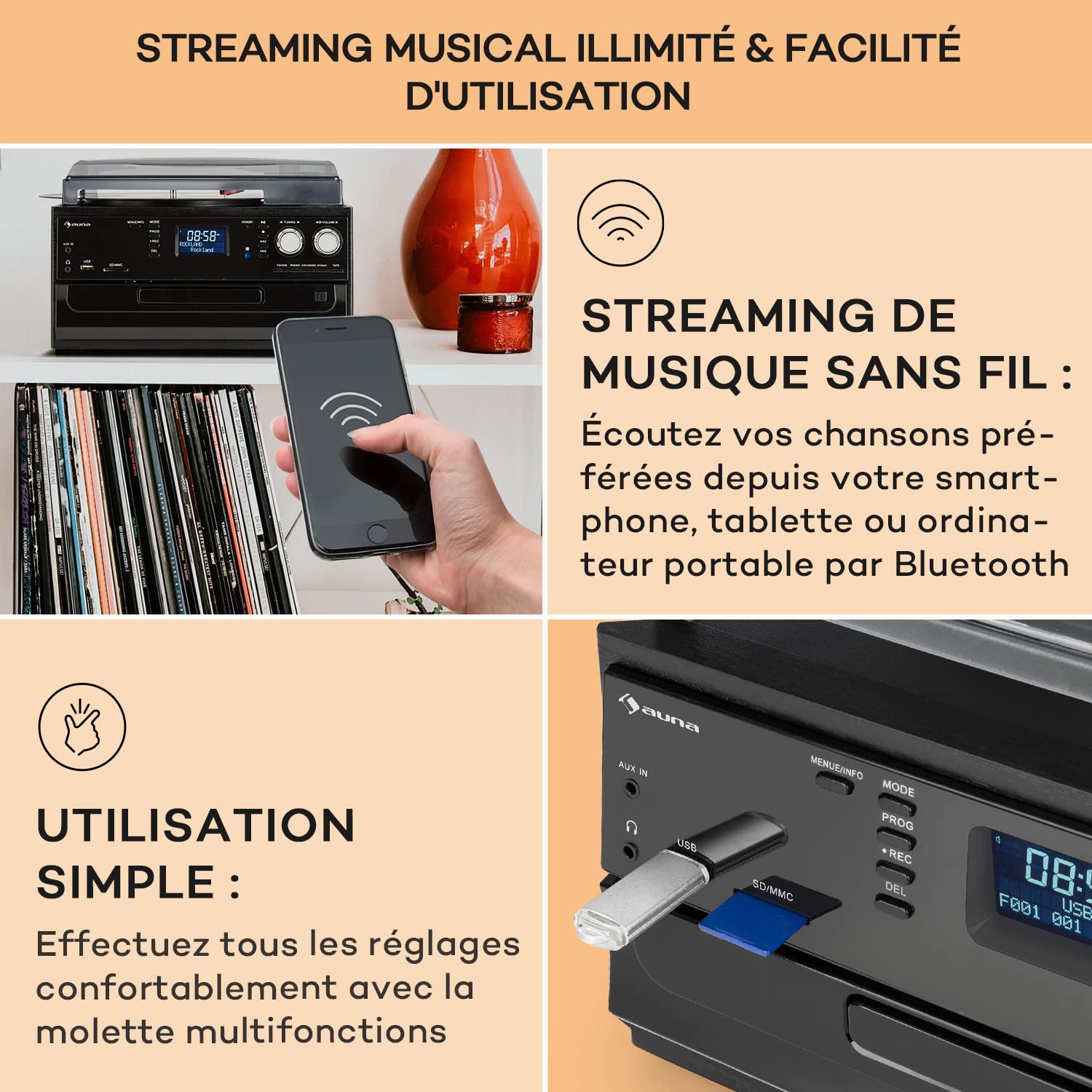 Auna Platine Vinyle Bluetooth, Tourne-Disque CD avec Haut-Parleur, 33 Tours, Chaîne HiFi Rétro Vintage, Lecteur Audio Bluetooth