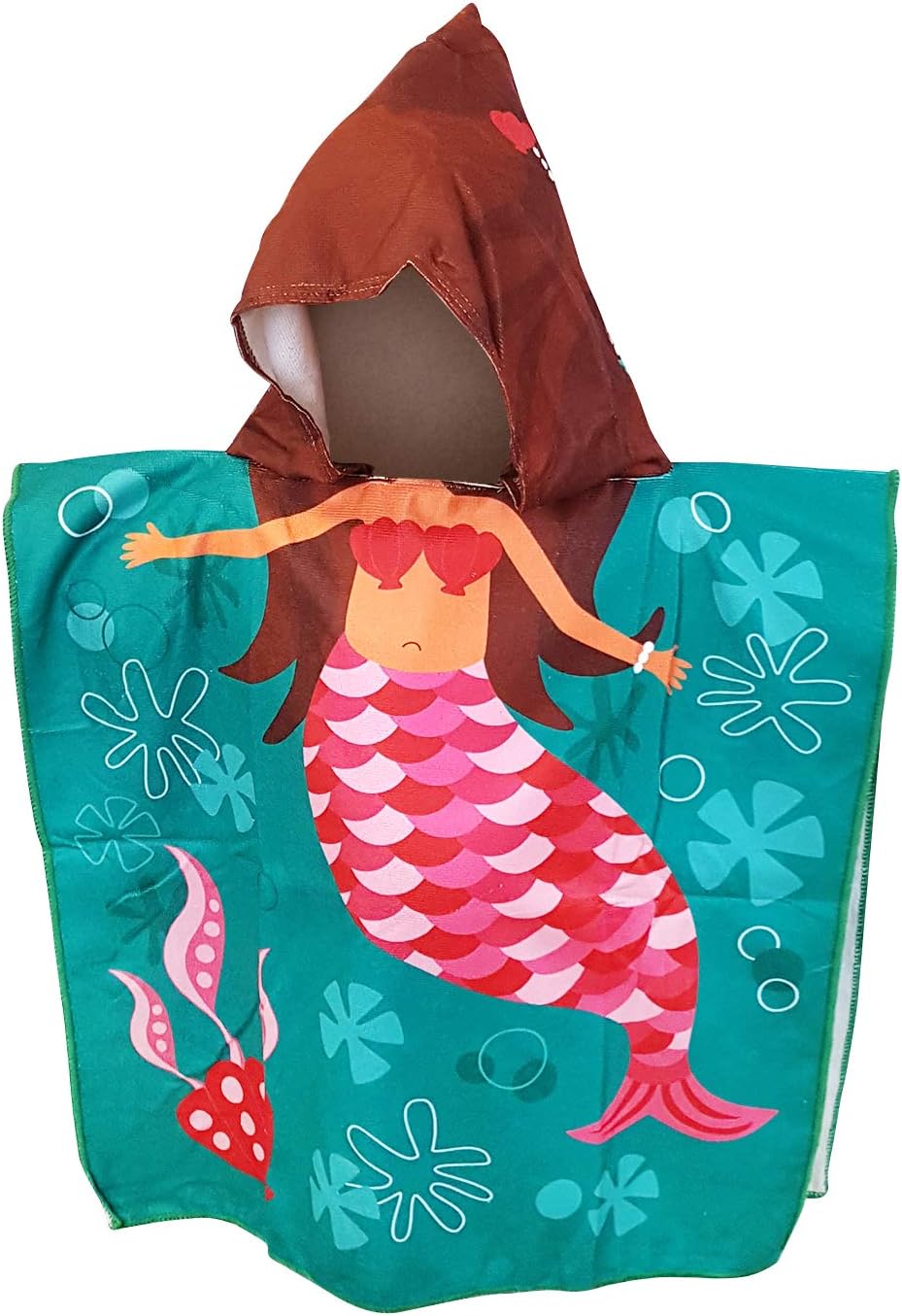 White Kaiman Kids Hooded Beach, Pool & Bath Towel Soft Microfiber Multi-Purpose Poncho Swim Cover Changing Robe w/Fun Characters (Brunette Mermaid)