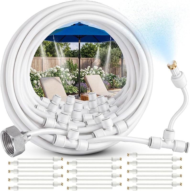 Misters for Outside Patio with Flexible Rod Nozzles, 75 ft, White | Misting System for Outside Patio Cooling, Garden Faucet Setup for Pergola, Garden, Greenhouse, Backyard