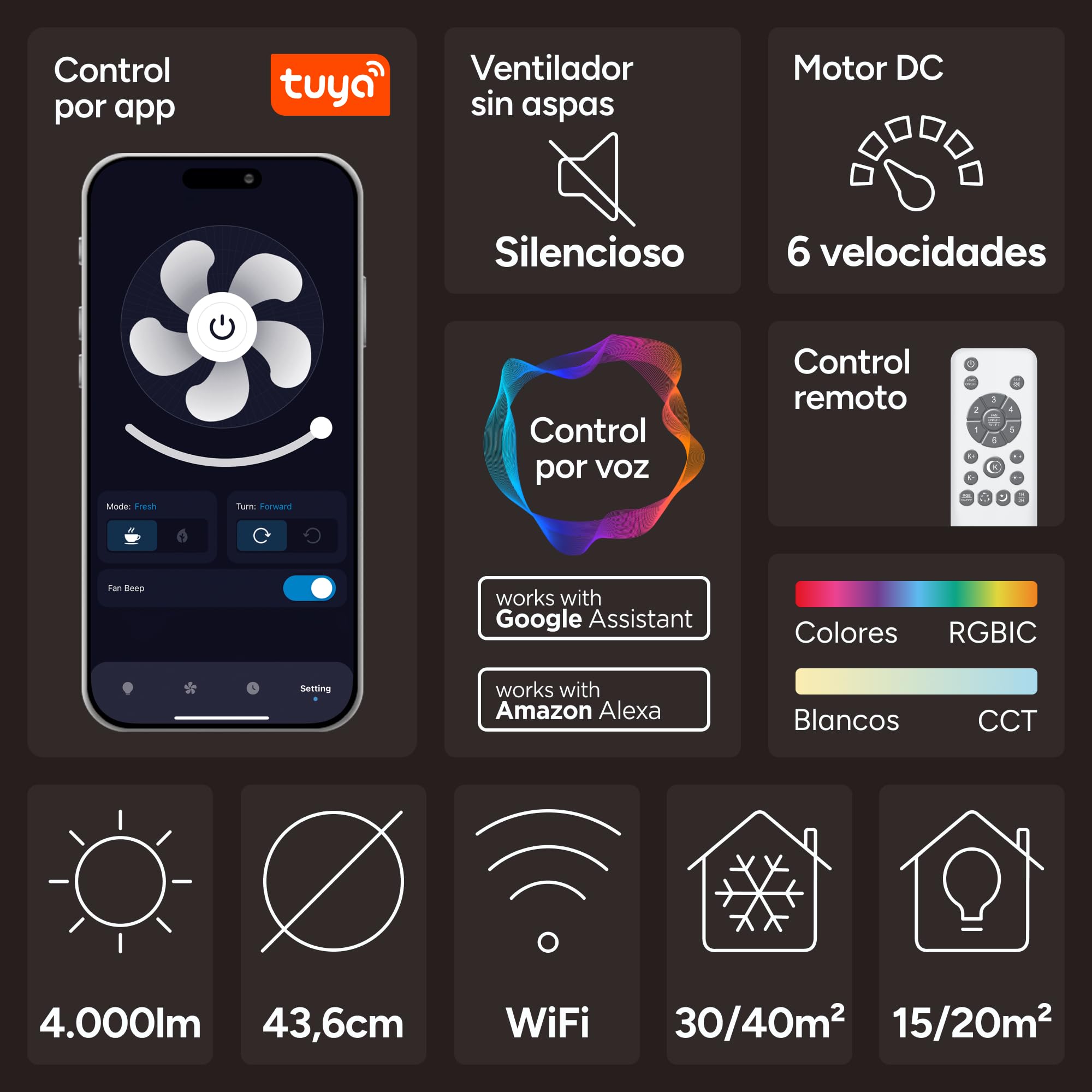 KSIX Mistral Ventilador de techo sin aspas con luz LED regulable RGBIC+CCT, 4.000 lm, Ø43,6 cm, 6 velocidades, Temporizador, App Tuya Smart