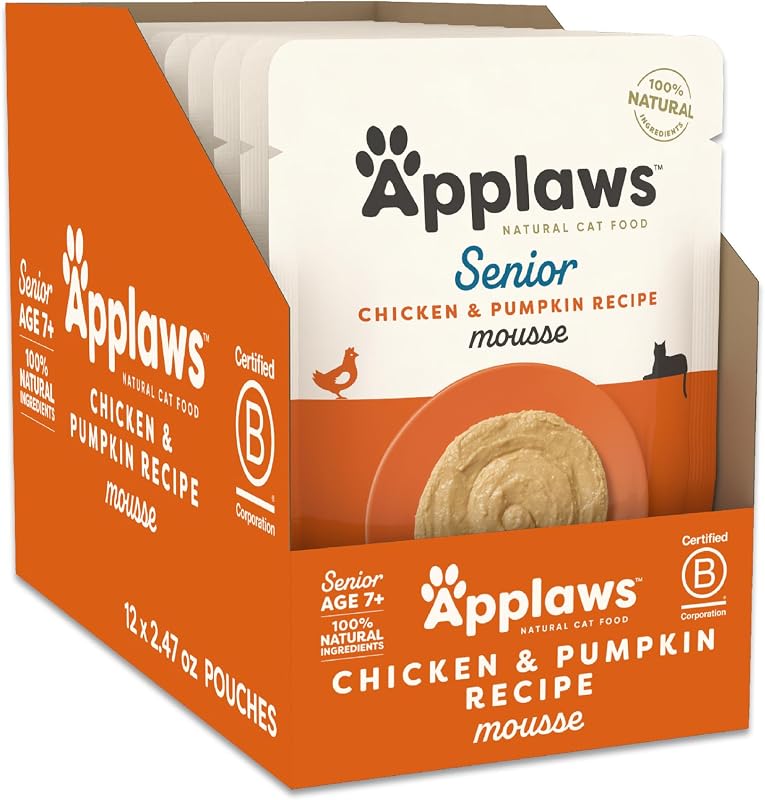 Ração úmida para gatos idosos Applaws Mousse de Frango e Abóbora Pacote com 12 sachês de 70 g