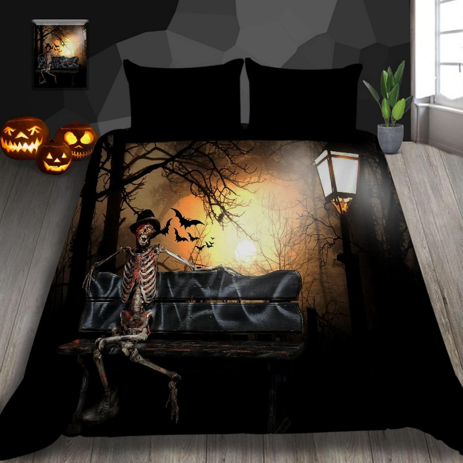Housse de couette Halloween 260x230 cm anti-glissement en microfibre douce avec fermeture éclair