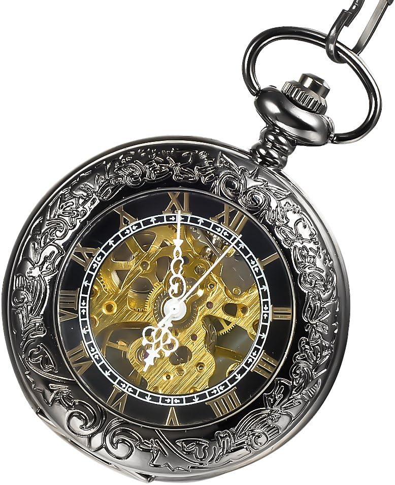 Mudder Mens Black Stainless Steel Case Black Dial Antique Mechanical Pocket Watch with Chain