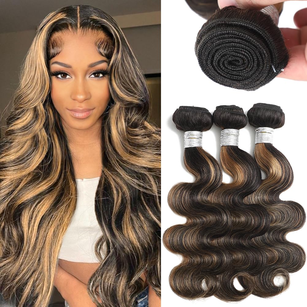 1b/27 Honey Blonde Highlight Human Hair Bundles Body Wave 12 14 16 Inch, Black and Blonde Balayage Loose Wave Sew In Weave Tracks, 12A 100% Unprocessed Brazilian Raw Virgin Hair, P1b/27