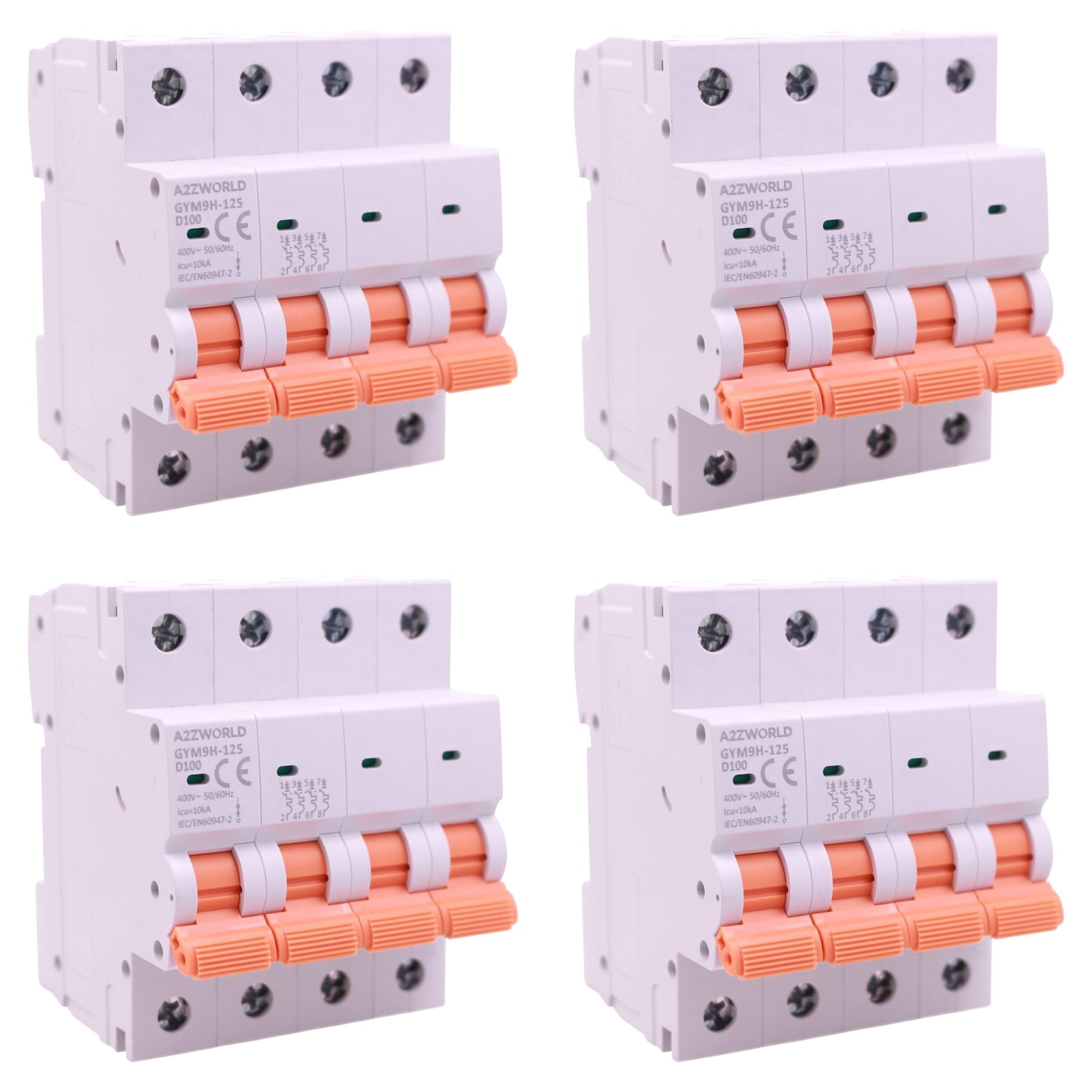 4 interruptores magnetotérmicos trifásicos 4P 100 A D100, curva D 10 kA, 4 módulos DIN 380 V AC, certificado IEC60898-1, serie GYM9H-125 profesional